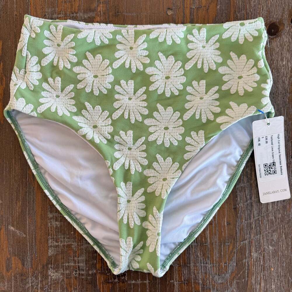 Janela Bay High Cut Original Seamless Bottoms Textured Lime Green Flower Size S